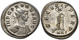 Probus (AD 276–282). Antoninianus (AE, 23 mm, 4.53 g), Ticinum mint, 279.

 IMP C PROBUS AVG Radiate and cuirassed bust of Probus right / SECVRIT PE...