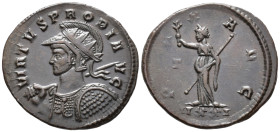 Probus (AD 276–282). Antoninianus (AE, 23 mm, 3.82 g), Ticinum mint, 281.

 VIRTVS PROBI AVG Radiate, helmeted and cuirassed bust of Probus left, ho...