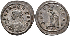 Probus (AD 276–282). Antoninianus (AE, 25 mm, 3,67 g), Ticinum mint, 281.

 IMP PROBUS AVG Radiate bust of Probus left in imperial mantle, holding e...