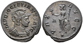 Diocletian (AD 284–305). Antoninianus (AE, 23 mm, 3.68 g), Lugdunum mint, 293.

 IMP DIOCLETIANVS AVG Radiate, helmeted and cuirassed bust of Diocle...