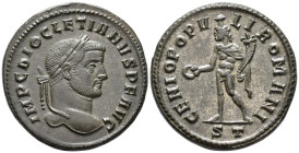 Diocletian (AD 284–305). Follis (AE, 27 mm, 10.50 g), Ticinum mint, 295–296.

 IMP C DIOCLETIANVS P F AVG Laureate head of Diocletian right / GENIO ...