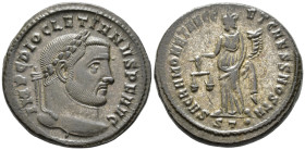 Diocletian (AD 284–305). Follis (AE, 27 mm, 11.43 g), Ticinum mint, 300–303.

 IMP C DIOCLETIANVS P F AVG Laureate head of Diocletian right / SACRA ...