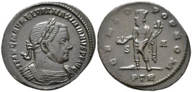 Maximianus, second reign (AD 307–308). Follis (AE, 28 mm, 7.82 g), Treveri mint, 307–308.

 IMP C M AVREL VAL MAXIMIANVS P F AVG Laureate and cuiras...