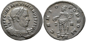 Maximianus, second reign (AD 307–308). Follis (AE, 26 mm, 6.54 g), Treveri mint, 307–308.

 IMP C VAL MAXIMIANVS P F AVG Laureate and cuirassed bust...