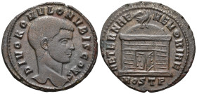 Divus Romulus (died AD 309). Follis (AE, 25 mm, 6.14 g), Ostia mint, c. 310–312.

 DIVO ROMVLO N V BIS CONS Bare head of Divus Romulus right / AETER...