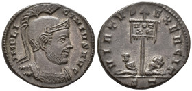 Licinius I (AD 308–324). Follis (AE, 19 mm, 3.11 g), Ticinum mint, 319–320.

 IMP LICINIVS AVG Helmeted and cuirassed bust of Licinius I right / VIR...