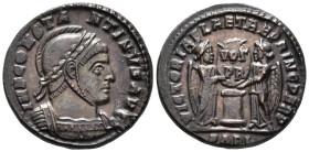 Constantine I (AD 307/310–337). Follis (AE, 18 mm, 3.24 g), Arelate mint, 319.

 CONSTANTINVS AVG Helmeted and cuirassed bust of Constantine right /...