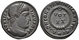 Constantine I (AD 307/310–337). Follis (AE, 19 mm, 3.05 g), Arelate mint, 322–323.

 CONSTANTINVS AVG Laureate head of Constantine right / D N CONST...