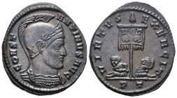 Constantine I (AD 307/310–337). Follis (AE, 20 mm, 3.07 g), Ticinum mint, 319–320.

 CONSTANTINVS AVG Helmeted and cuirassed bust of Constantine rig...