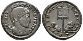 Constantine I (AD 307/310–337). Follis (AE, 19 mm, 2.78 g), Ticinum mint, 319–320.

 CONSTANTINVS AVG Helmeted and cuirassed bust of Constantine rig...