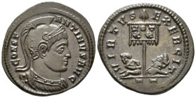 Constantine I (AD 307/310–337). Follis (AE, 20 mm, 2.81 g), Ticinum mint, 319–320.

 CONSTANTINVS AVG Helmeted and cuirassed bust of Constantine rig...