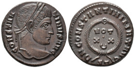 Constantine I (AD 307/310–337). Follis (AE, 18 mm, 3.27 g), Ticinum mint, 322–325.

 CONSTANTINVS AVG Laureate head of Constantine right / D N CONST...