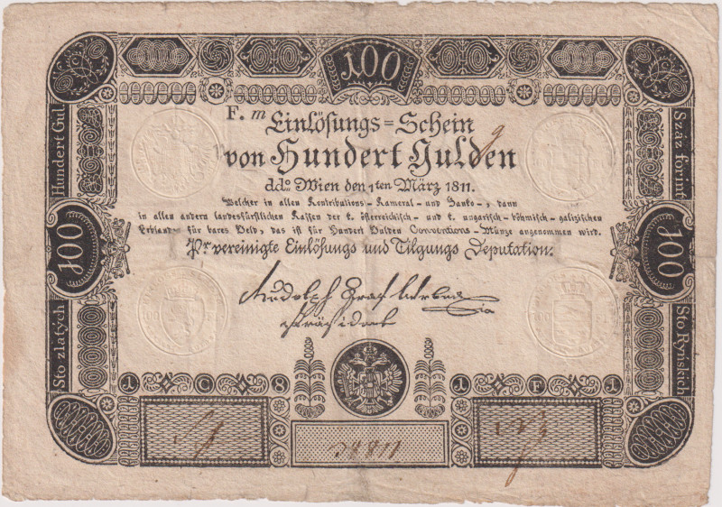 100 Gulden 1811, Einlösungsschein, the highest denomination of 1811 issue , very...
