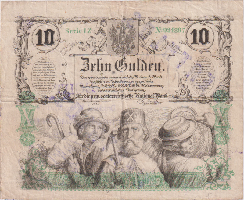 10 Gulden 1863, stamps on the reverse WERTHLOS + ECHT + Druckerei für Werthpapie...