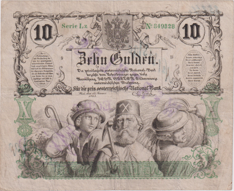 10 Gulden 1863, stamps on back WERTHLOS + ECHT + facsimile of signature, Pick A8...