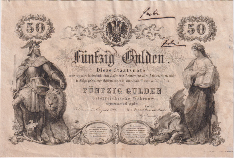 50 Gulden 1866, without the serial letter and number, handwritten "Probe" on obv...
