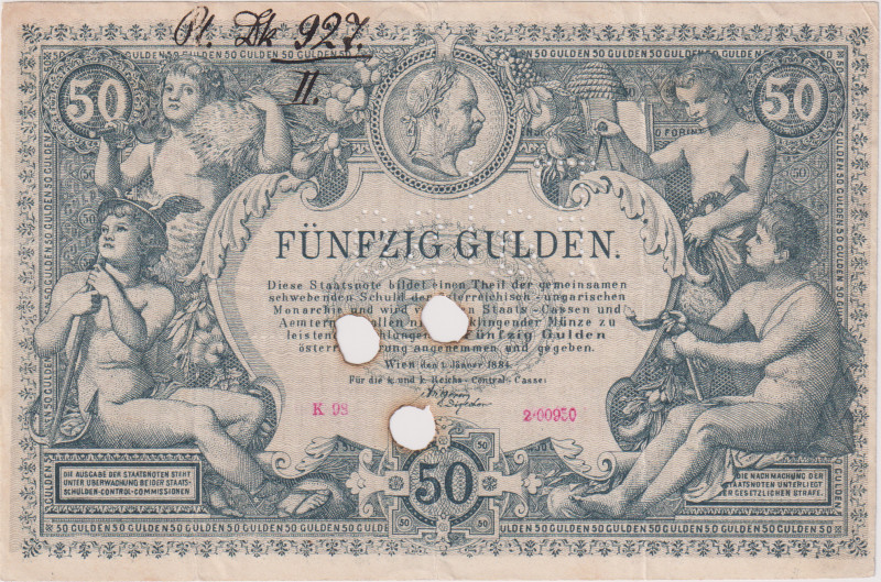 50 Gulden 1884, contemporary printed forgery, invalidated by FALSO perforation a...