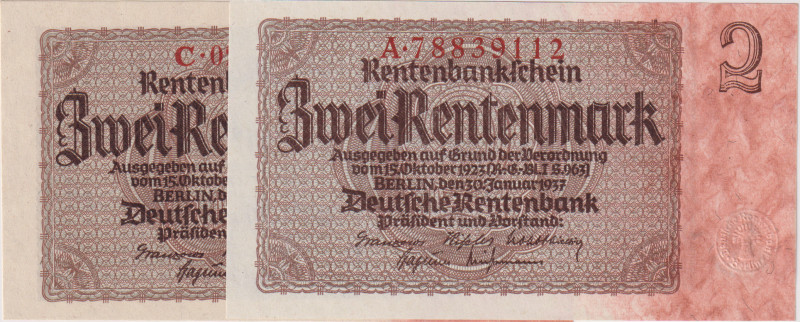 2 Rentenmark 1937, the first series A(!) a C, 8-digit serial number, 2 pcs, BKK ...