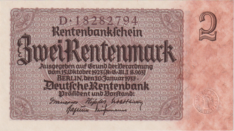 2 Rentenmark 1937, series D, 8-digit serial number, brown serial number, BKK D12...