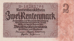 2 Rentenmark 1937, series D, 8-digit serial number, brown serial number, BKK D12b, Hej D12b

UNC