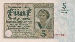 5 Rentenmark 1926, series U, 8-digit serial number, a combination of brown and red serial number, BKK D13b, Hej D132

UNC