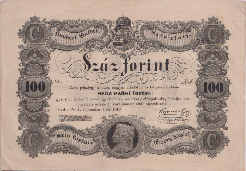 Hungary, 100 Forint 1848, graded by PMG 40 Extremely Fine, Pick S 118, Babos F13...