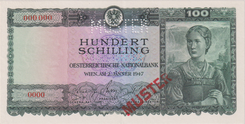 Austria, 100 Schilling 1947, zero number SPECIMEN 0000 000 000, overprint MUSTER...