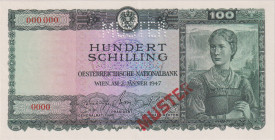 Austria, 100 Schilling 1947, zero number SPECIMEN 0000 000 000, overprint MUSTER and SPECIMEN, Pick 124

XF