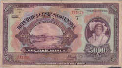 5000 Koruna 1920, series A, tear 10mm, black spot on corner, BKK 17a, Hej 17a

VG-