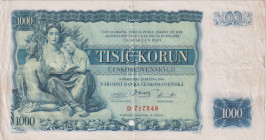 1000 Koruna 1934, series D, SPECIMEN - 1x SPECIMEN perforation in the middle vertically from bottom to top + 1 hole 4.5mm, BKK 27, Hej 27V2

VF-