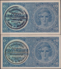 1 Koruna b.d.(1938/40), series A 032, hand overprint; series A 019, machine overprint, 2 pcs, BKK 28ab, Hej 28ab

aUNC