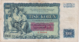 1000 Koruna 1934, overprint 1939, series C, 2x perforation SPECIMEN down, BKK 45, Hej 45

VG