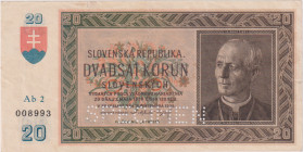 20 Koruna 1939, series Ab 2, SPECIMEN down, tear 4mm, BKK 47a, Hej 47a1

VF+