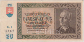 20 Koruna 1939, series Bc 4, SPECIMEN down, BKK 47a, Hej 47a1

VF