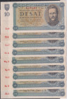 10 Koruna 1943, series Žň 1, Zo 2, Yo 3, Xp 4, Wq 5, Vr 6, Us 7, Ťš 8 a Tt 9, complete set of single-number series, all perforated SPECIMEN, 9 pcs, BK...