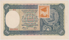 100 Koruna 1940, stamp 1945, II.issue, series A 6, BKK 63a, Hej 63a1

UNC