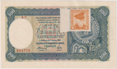 100 Koruna 1940, stamp 1945, II.issue, series A 7, edge stamp, BKK 63a, Hej 63a1

UNC