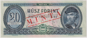 Hungary, 20 Forint 1965, series C 129, SPECIMEN - 1x MINTA perforation, red MINTA overprint on front and reverse, Pick 169 s1

UNC