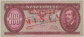 Hungary, 100 Forint 1962, series B 039, SPECIMEN - 1x MINTA perforation, red MINTA overprint on front and reverse, Pick 171 s2

UNC