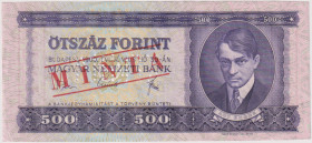 Hungary, 500 Forint 1969, series E 000, SPECIMEN - 1x MINTA perforation, red MINTA overprint on front and reverse, Pick 172 s

UNC