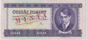 Hungary, 500 Forint 1975, series E 000, low number 000098, SPECIMEN - 1x MINTA perforation, red MINTA overprint on front and reverse, Pick 172 s

UN...