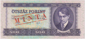 Hungary, 500 Forint 1980, series E 000, SPECIMEN - 1x MINTA perforation, red MINTA overprint on front and reverse, Pick 172 s

UNC