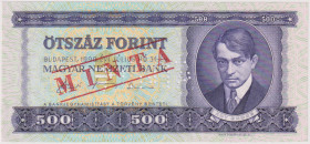 Hungary, 500 Forint 1990, series E 000, SPECIMEN - 1x MINTA perforation, red MINTA overprint on front and reverse, Pick 175 s

UNC