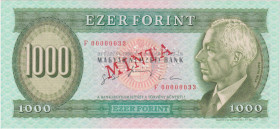 Hungary, 1000 Forint 1996, series F, low number 00000033, SPECIMEN - 1x MINTA perforation, red MINTA overprint on front and reverse, Pick 176 s

UNC