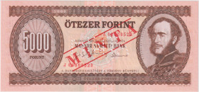 Hungary, 5000 Forint 1995, series J, low number 00000523, SPECIMEN - 1x MINTA perforation, red MINTA overprint on front and reverse, Pick 177 s

UNC