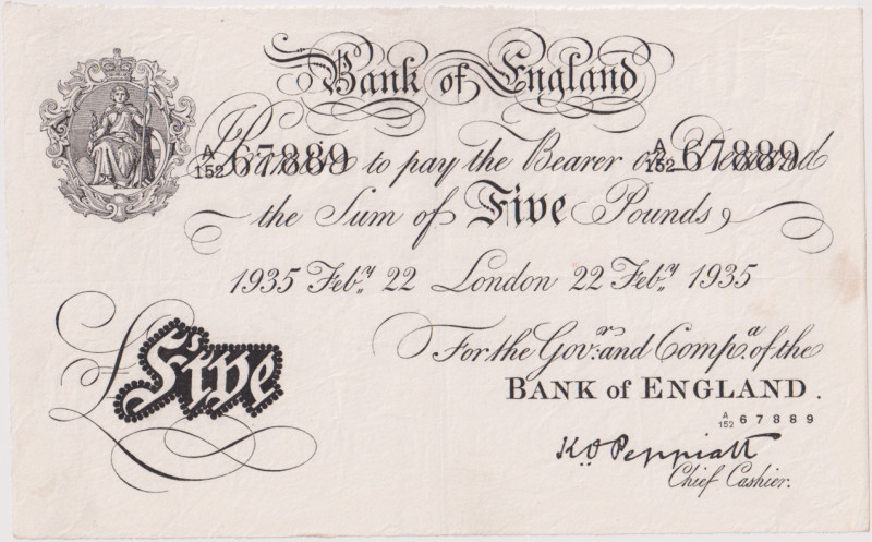 Great Britain, 5 Pounds 1935, forgery from Operation Bernhard, pinholes, Pick 33...
