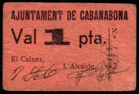 Cabanabona, Lleida. Ayuntamiento. 1 peseta. Sin serie. G129; T636 (RRR); M377B (...