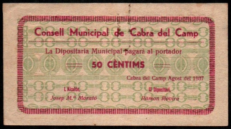 Cabra del Camp, Tarragona. Consejo Municipal. Agosto de 1937. 50 céntimos. Serie...