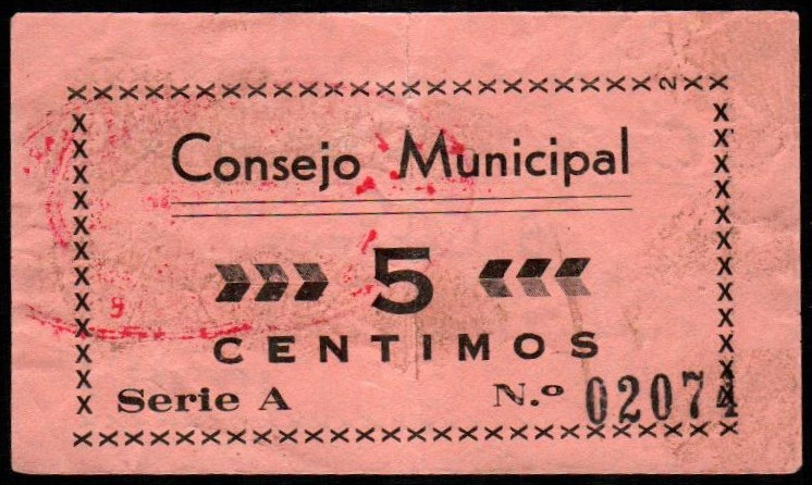 Cabra, Córdoba. Consejo Municipal. 1936. 5 céntimos. Serie A. G y M no citan. Ma...