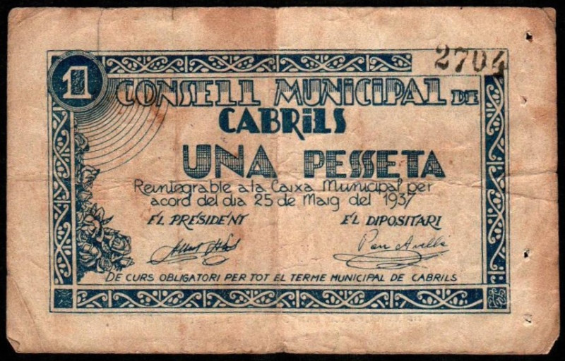 Cabrils, Barcelona. Consejo Municipal. 1937. 1 peseta. Sin serie. G134; T661a; M...